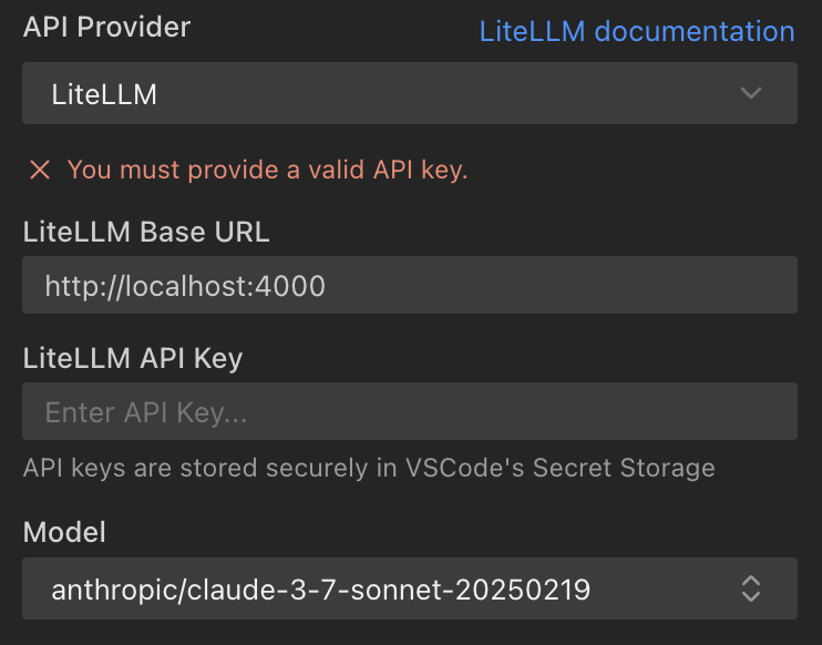 Roo Code LiteLLM Provider Settings